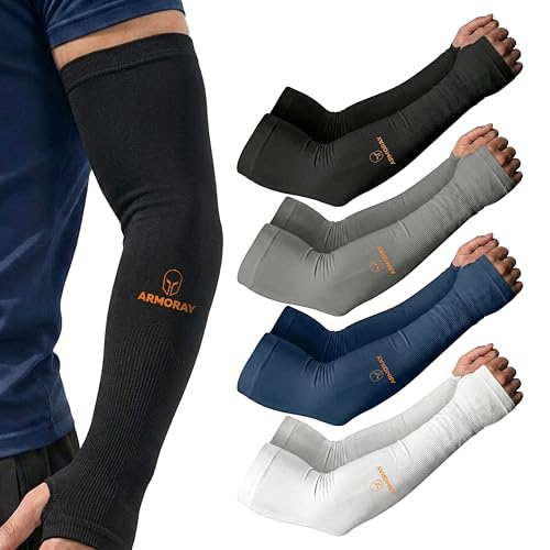 ARMORAY Arm Sleeves for Men and Women - UV Sun Protection Cooling Compression - Tattoo Cover Up Sleeve for Daily Wear & Work - color: Black + Gray + Navy + White W/ Thumbhole (4 Pairs)