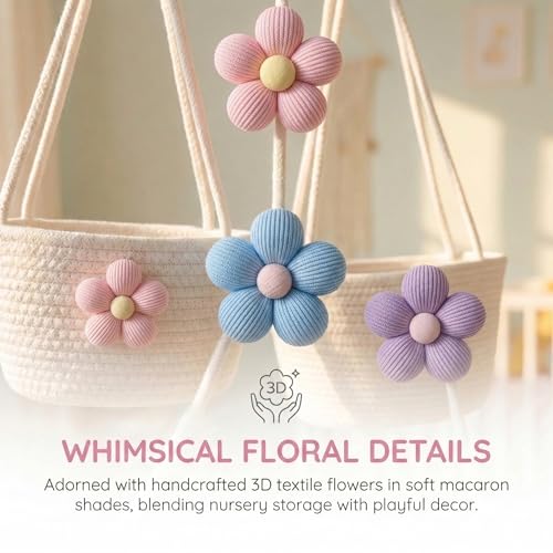 3-Tier Woven Cotton Rope Hanging Basket, Over the Door Organizer, Adjustable Detachable Wall Basket with Metal & Adhesive Hooks, No Drilling for Playroom, Toddler Nursery & Little Girls Room - style: BigFlower