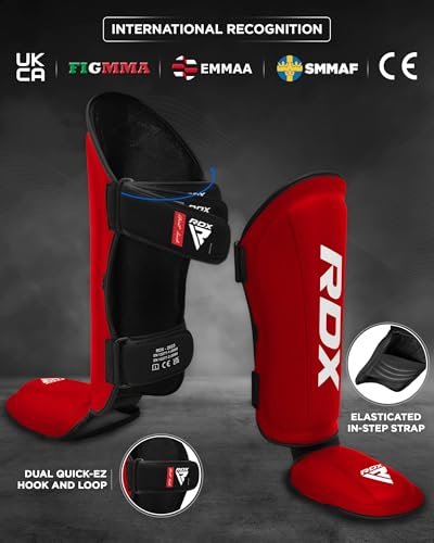 RDX Shin Guards Kickboxing Muay Thai, SATRA SMMAF Approved, Premium Maya Hide Leather, Leg Instep Protection Pads, MMA Martial Arts Kicking Sparring Training Gear, BJJ Karate Boxing Taekwondo, Black - color: Red, size: Large