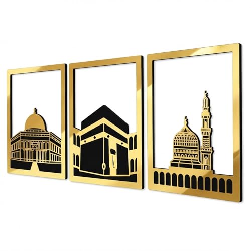 iwa concept Masjid Al Aqsa, Kaaba & Masjid An-Nabawi Islamic Wall Art, Wooden Blessed Places Islamic Wall Decor, Gift for Muslims at Ramadan Eid (Medium, Gold | All Three) - color: Gold | All Three, size: 19.7L" x 15.8W"
