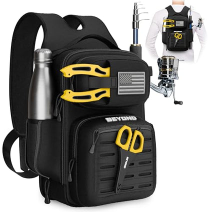 Beyond Fishing Tackle Backpack- The Voyager Tactical Fishing Storage Bag - Lightweight & Compact Bag For Fishing - color: All Black
