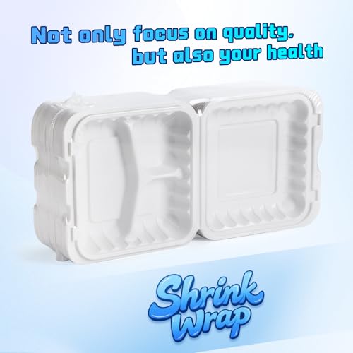 YANGRUI 100-Pack 40oz 9" 3-Compartment To Go Box Shrink Wrapped No Pre-Wash | Heavy Duty Mineral PP, Microwave Safe | Reusable Clamshell for Meal Prep, Takeout, Family Gatherings & Bulk Leftovers