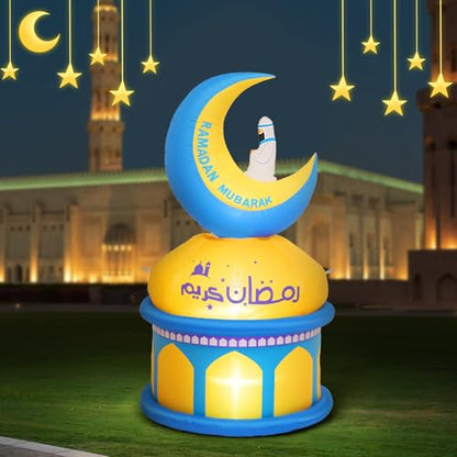 Lewondr 4.9FT Outdoor Inflatable Moon Decorations, Rotating Inflatable Moon Eid Mubarak Decor, Blow Up Muslim Holy Ramadan Celebration Decor with LED Lights, Outdoor Holidays Inflatables for Yard - style: Moon and Castle