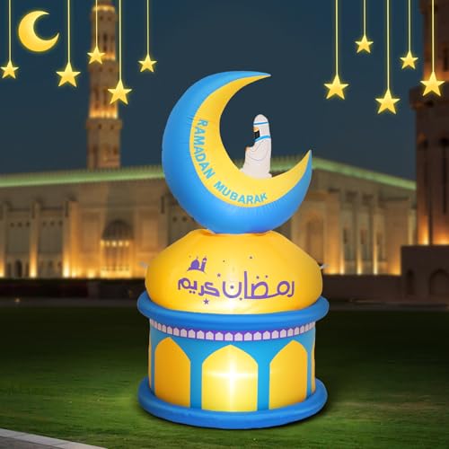 Lewondr 4.9FT Outdoor Inflatable Moon Decorations, Rotating Inflatable Moon Eid Mubarak Decor, Blow Up Muslim Holy Ramadan Celebration Decor with LED Lights, Outdoor Holidays Inflatables for Yard - style: Moon and Castle