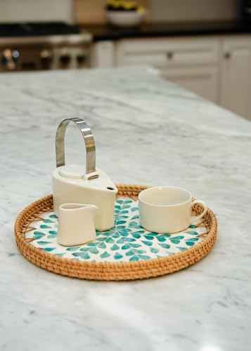 Round Rattan Serving Tray with Mother of Pearl Inlay, Wicker Coffee Table Decor, Farmhouse Style (Teal Tan Flower) - color: Teal Tan Flower