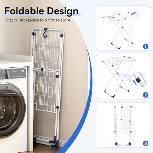 Clothes Drying Rack with 4-Gullwing, White, 55.12"*37.8"*17.52" | Foldable Free-standing Metal Drying Rack Clothing, Indoor & Outdoor Use, Space-saving, Dormitory, Balcony, Patio