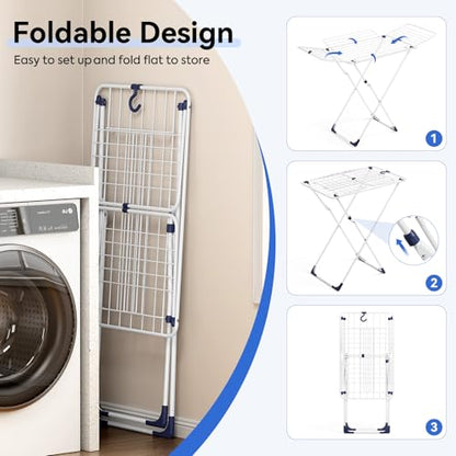 Clothes Drying Rack with 4-Gullwing, White, 55.12"*37.8"*17.52" | Foldable Free-standing Metal Drying Rack Clothing, Indoor & Outdoor Use, Space-saving, Dormitory, Balcony, Patio
