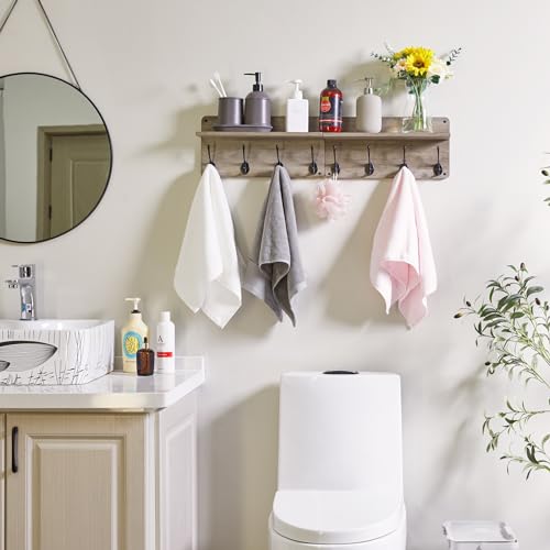31.5" Coat Rack Wall Mount with Shelf and 8 Hooks, Silver Gray, HWS006Y-2 | 2 Pack Coat Hooks Key Holder Wall Mount, Wood Wall Mounted Coat Rack with Wall Hooks for Hanging, Towel Hooks for Bathroom - color: Silver Gray