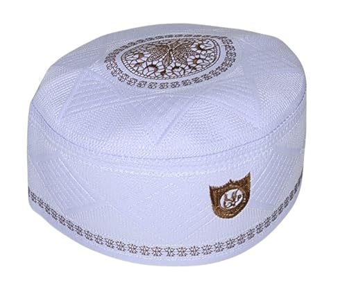 Al-Ameen Muslim Gift Muslim Men Kufi Hat AMN-002 Islam Prayer Cap Unique Design Beanie Round Topi Headwear Ramadan Eid Gift - color: White, size: Small