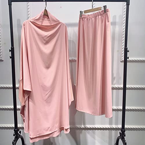 Women Muslim 2 Set Solid Color Plus Long Sleeve Thobe One-size Longuette Overall Abaya Thobe with Hoodied Hijab - color: Pink