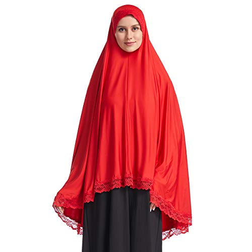 Muslim High Stretch Hijab Pure Color Half-body Cover Hijab with Lace for Praying - color: Red, size: Medium