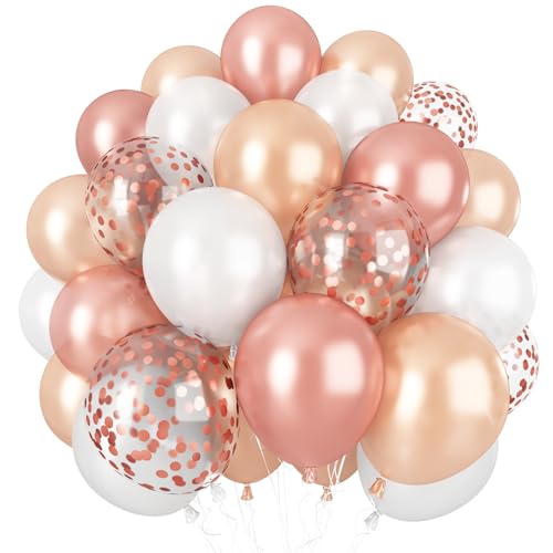 Rose Gold Balloons, 60PCS 12inch Rose Gold White Champagne Latex Balloon Confetti Balloons with Ribbon for Wedding, Baby Shower, Birthday, Engagement, Bridal Shower, Princess Party - color: Rose Gold