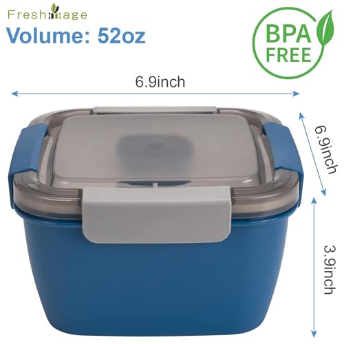 Freshmage Salad Lunch Container To Go, 52-oz Salad Bowls with 3 Compartments, Salad Dressings Container for Salad Toppings, Snacks, Men, Women (Blue) - color: Blue-52oz