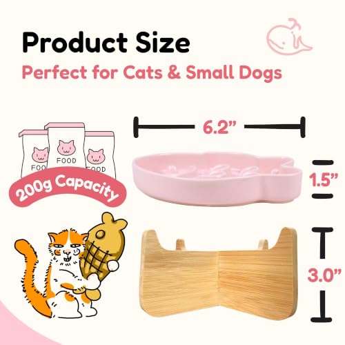Elevated Slow Feeder Cat Bowl with Stand, 6.3''Ceramic Fish Maze Cat Food Bowl, Raised Whisker Friendly Wide Shallow Cat Dish for Wet & Dry Food, Non Slip Puzzle Feeder for Cats & Small Dogs (Pink) - color: Pink with Stand