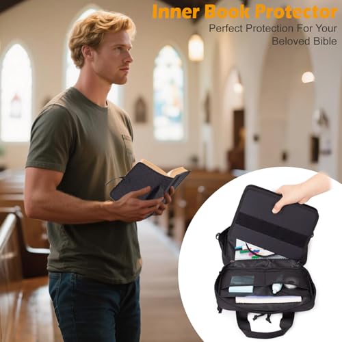 ATRIPACK Tactical Large Bible Cover for Men,Double Layer Bibles Bag With Detachable Book Carrying Case, Covers for Bible Organizer with Zippered Pockets,Church Case with Handle. - color: black
