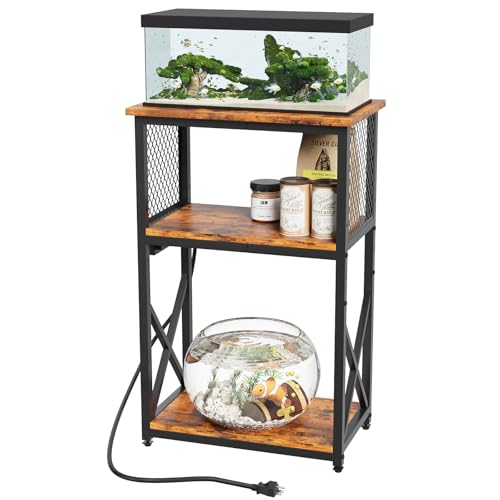 HavenlyYouth 10 Gallon Fish Tank Stand with Power Outlet, 3 Tier Aquarium Stand with Shelf, Turtle/Reptile Tank Stand for Home Office,Adjustable Boards, 20.47''L×11.42''W×30.91''H, Retro Brown