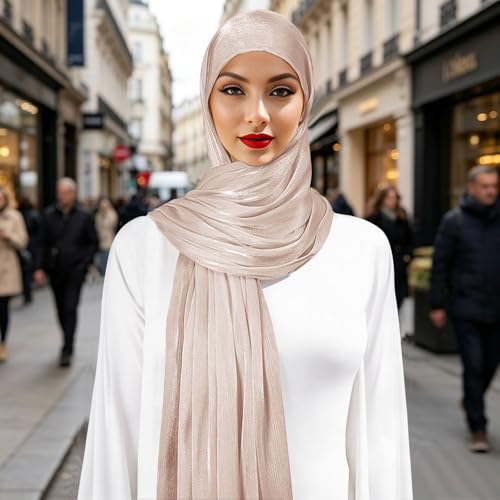 Premium Hijab Head Scarf for Women Lightweight Shimmer Hijab Head Wrap Scarves Crepe Satin Scarf Shawl Wrap - color: Nude