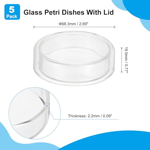 PATIKIL 60mm High Borosilicate Glass Petri Dishes with Lids, 5 Pcs Petri Plates for Lab Science Experiment, Clear - size: 60mm