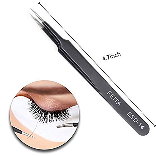 Eyelash Tweezers - FEITA Precision Eyelash Extension Tweezers Set - Professional Straight & Curved Pointed Very Fine Tip Tweezers for Lash Extensions - Black - 2Pcs - color: Black Tweezers - 2pcs