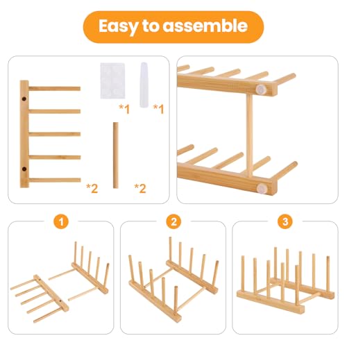 Bamboo Wooden Dish Rack-Plate Pot Lid Cutting Board Organizer Holder Rack | Kitchen Cabinet Organizer for Dish, Pots, Lids, Bowls, Bottles, Books, and Puzzle - color: Bamboo 4 Slots 1pcs