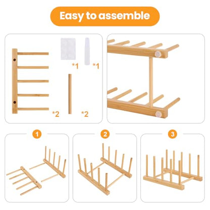 Bamboo Wooden Dish Rack-Plate Pot Lid Cutting Board Organizer Holder Rack | Kitchen Cabinet Organizer for Dish, Pots, Lids, Bowls, Bottles, Books, and Puzzle - color: Bamboo 4 Slots 1pcs