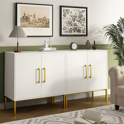 2 Set of Storage Buffet Cabinet with Gold Handles and Metal Legs, White丨Freestanding Sideboard, Modern Wooden Side Cabinets for Bedroom, Living Room, Kitchen, Office and Hallway - color: White, size: 2PC
