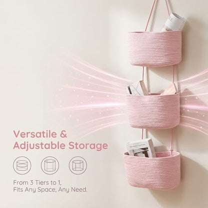 Pink 3-Tier Woven Cotton Rope Hanging Basket, Over the Door Organizer, Adjustable Detachable Wall Basket with Metal & Adhesive Hooks, No Drilling for Girls Room, Bedroom & Dresser Storage - style: Pink