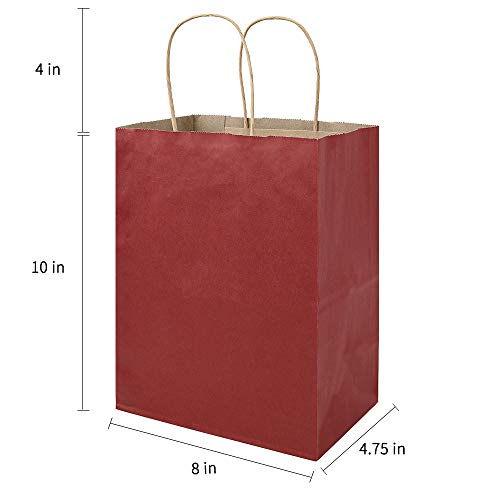 bagmad 100 Pack 8x4.75x10 Inch Medium Red Gift Paper Bags with Handles Bulk, Kraft Bags, Craft Grocery Shopping Retail Party Favors Wedding Business Sacks (Red, 100pcs) - color: Red