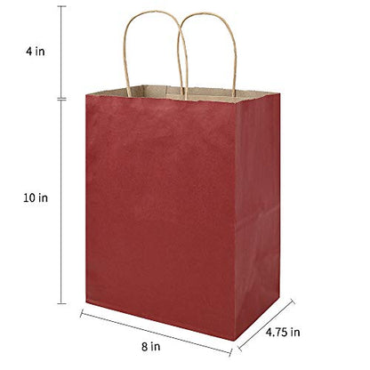 bagmad 100 Pack 8x4.75x10 Inch Medium Red Gift Paper Bags with Handles Bulk, Kraft Bags, Craft Grocery Shopping Retail Party Favors Wedding Business Sacks (Red, 100pcs) - color: Red