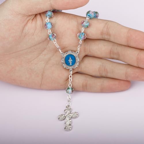 8mm Murano Rose Beads Catholic Virgin Mary Car Rosary for Rearview Mirror with Gift Box - color: Lake Blue