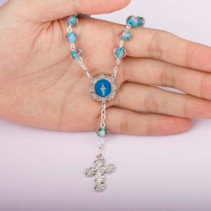 8mm Murano Rose Beads Catholic Virgin Mary Car Rosary for Rearview Mirror with Gift Box - color: Lake Blue