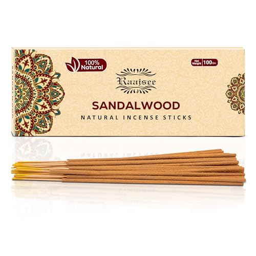Raajsee Sandalwood Incense Sticks 100 Gm Pack-100% Pure Organic Natural Hand Rolled Free from Chemicals-for Church,Aroma Therapy,Relaxation,Meditation & Sensual Therapy - color: Sandalwood