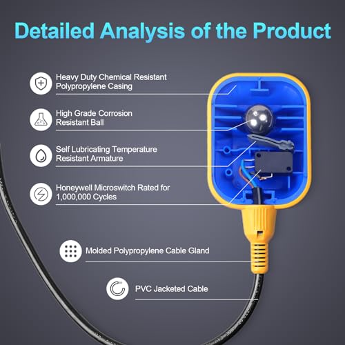 Sump Pump Universal Tethered Float Switch AC 15A 110~250V Piggyback Style Plug with 10 Feet Cord, Used in Sewage Pump, Water Tank, Septic Tank Pump, etc. | Piggyback Style Plug, with 10 Feet Cord, Used in Sewage Pump, Water Tank, Septic Tank Pump, etc. -