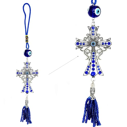 LUCKBOOSTIUM Cross Charm Hanging Ornament w/Center Evil Eye & Blue Crystal - color: Cross Charm