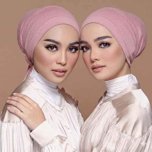 Yeieeo Women's Satin-Lined Tie Closure Hijab Undercap Non Slip,Premium Jersey Muslim Daily Wear Inner Headscarf Cap - color: Nude Pink