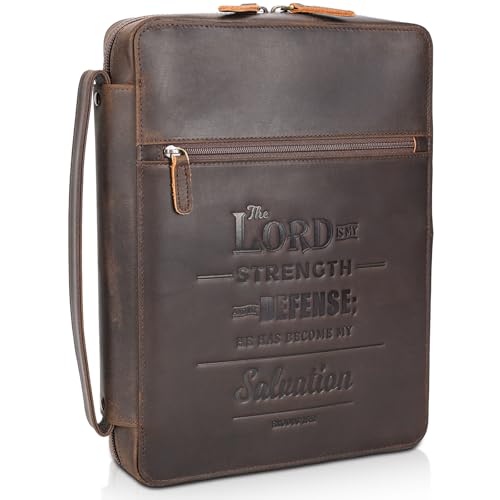 Polare Full Grain Cowhide Leather Bible Cover Church Bag Bible Protective Book Holder Carrying Case Folder Organizer Portfolio (Dark Brown(Lord is My Strength & Defense)) - style: Dark Brown(Lord is My Strength & Defense)