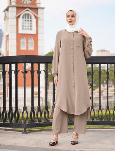 Women's Muslim 2 Pieces Sets Long Sleeve Button Down Shirt and Pants Abaya Casual Dress Dubai Outfits - color: Khaki, size: 5X-Large