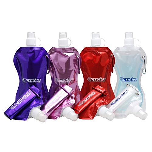 USA Merchant | Collapsible Reusable Water Bottle with Carabiner Clip Light Weight Leak Proof Foldable Drinking Water Bottle Non Toxic BPA Free - 16.9 oz 4 Pack (Pink, Purple, Red, Clear) - color: Pink,Purple,Red,Clear