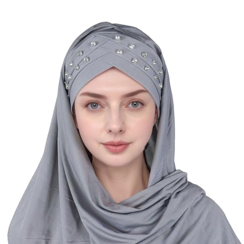 Muslim Head Scarf for Women Crystal Linen Rhinestone Cross Strap Turban Wrap Cap Elegant Breathable Sparkly Hijab - color: 04#_grey