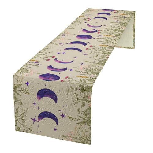 Wild Floral Moon Table Runner, Retro Moon Phase Purple Moonlit Wildflower Plants Print Table Runner for Kitchen Dinning Bedroom Table Decor Home Party Holiday, 13x36 Inch - color: Moon Phase-8, size: 13"W x 36"L