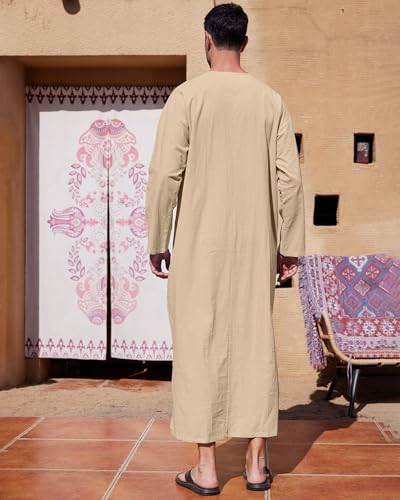 YAOHUOLE Kaftan for Men Long Sleeve Muslim Men Thobe Kaftan Thobe with Pockets - color: Khaki, size: XX-Large