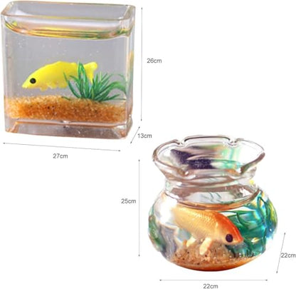 2 Pieces Miniature Fish Bowl Set, Round Resin Fish Tanks with Goldfish Grass, Dollhouse Accessories Decor for Dollhouse Desktop Craft Project Decor