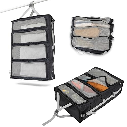 Hanging Suitcase Organizer – Instant Travel Closet with Built-In Compression | 4-Compartment Wardrobe Packing Cubes for Carry-On & Checked Luggage | Travel Essentials for Men & Women