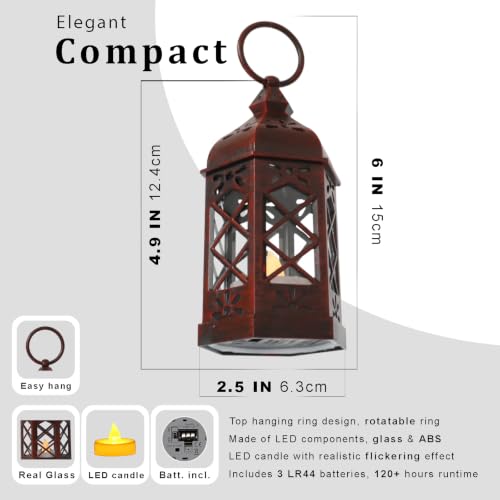 미니 모로코 랜턴 12개(브러시드 레드) LED 캔들 포함 - 라마단, 결혼식, 부활절, 크리스마스, 교회용 벽걸이 빈티지 소형 랜턴 - 테이블 센터피스 및 중세/테마 장식 - color: 브러시드 레드-12개
