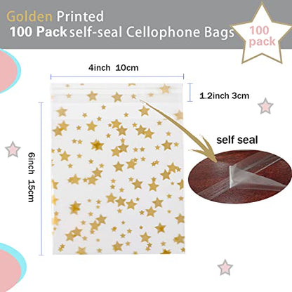 COQOFA 100 Pcs Star Printed Sealable Gift Wrap Cello Cellophane Bags Self sealing Adhensive Treat Bags Party Favor bags (4x6inch, Gold)… - color: Gold(Self-sealing), size: 4x6 in