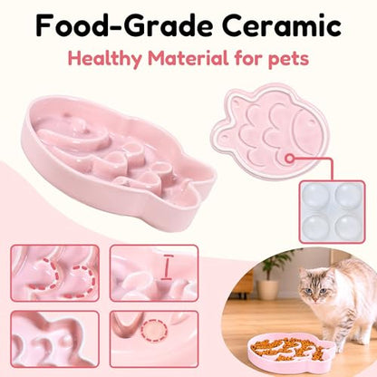 Ceramic Cat Slow Feeder Bowl - Shallow Whisker Friendly Cat Plate for Dry and Wet Food - Puzzle Feeder for Slow Eating - Helps Reduce Vomiting - Microwave & Dishwasher Safe -Non Slip(Pink, 6.3''W) - color: Pink