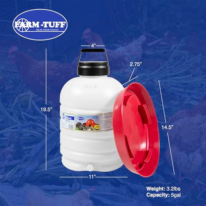 FARM-TUFF Premium 5-Gallon Hanging Chicken Waterer – BPA-Free Plastic, Top-Fill Poultry Fountain for Chickens, Ducks, Turkeys & Game Birds - size: 5G+