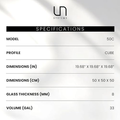 UNS Ultra Clear Rimless Tank - 33GAL | 125L - 19.68x19.68x19.68 | 50x50x50 CM, 8mm Glass Thickness, Leveling Mat Included - Low Iron, High Clarity Fish Tank w/ 45° Mitered Edge - [50C] - size: [50C] - 33 Gal - 19.68 x 19.68 x 19.68 in