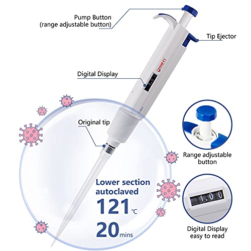 FOUR E'S SCIENTIFIC 1-5mL Pipette, Single-Channel Adjustable Pipettor | Manual Micropipette, Clear Volume Display, Lightweight Ergonomic Design - size: 08 (1-5ml)