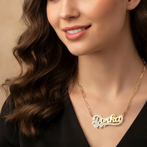 Custom Name Necklace Double Plated Name Necklace Personalized Name Plate Necklaces Name Necklaces for Women 18k Gold Plated Nameplate Pendant - color: Style 10